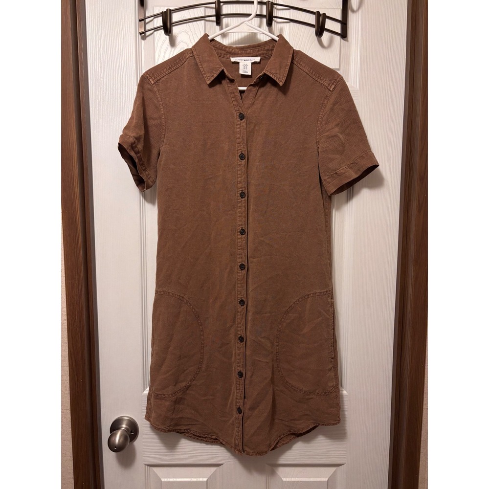 Lucky Brand Brown Linen Blend Button Front Short Sleeve Shirt Dress XS